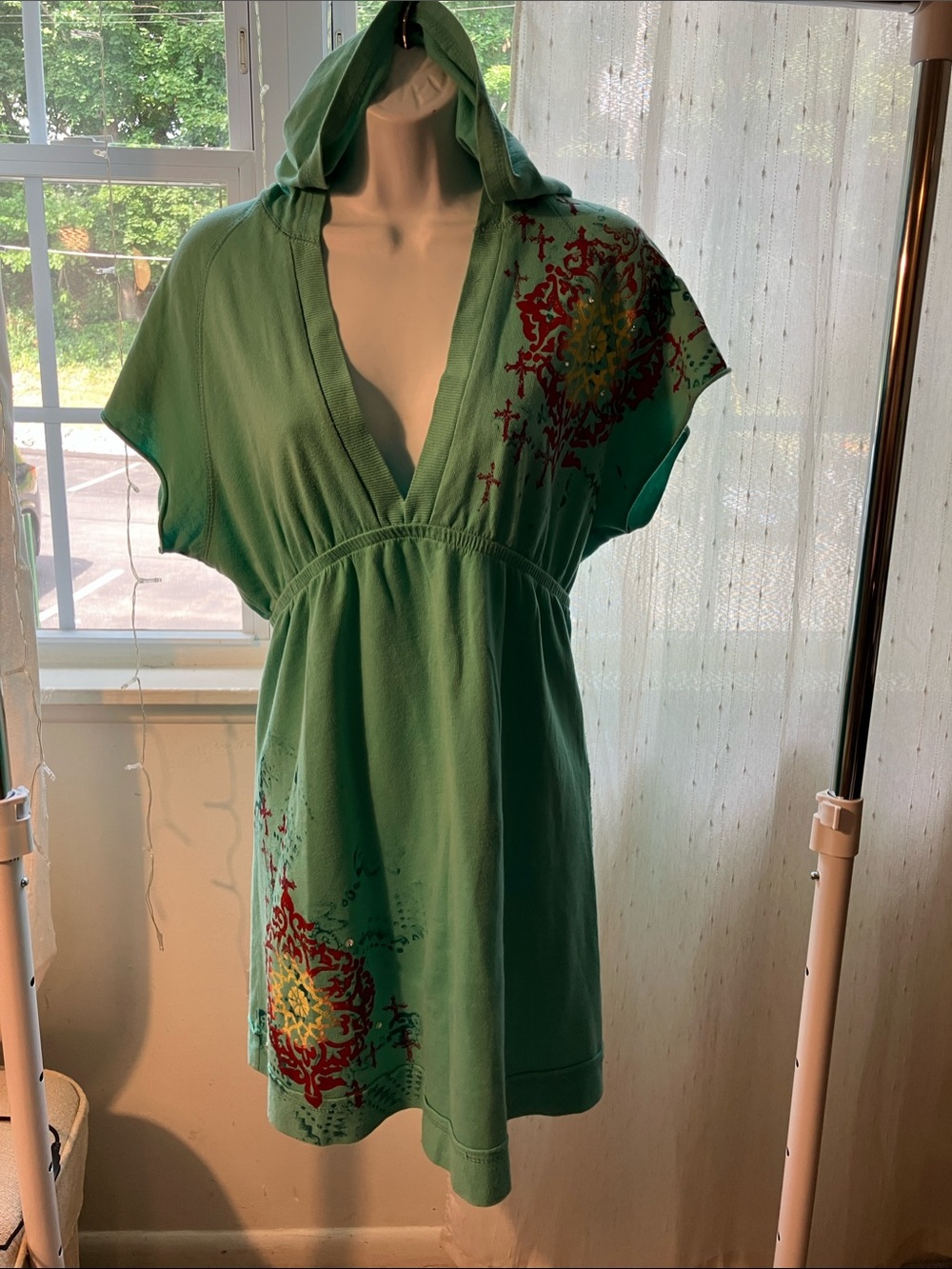 Buffalo David Bitton Teal Green Hooded Swim Coverup with Swarovski crystals.